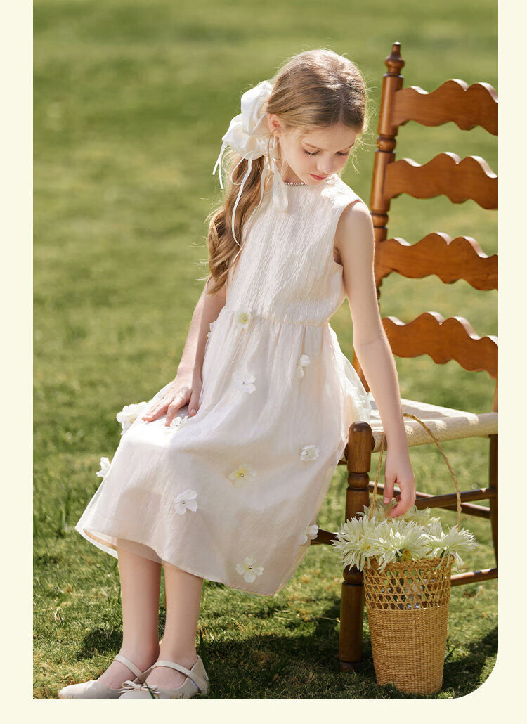 CHANZUIGOU Girls' French High-End Princess Dress 2026 Summer New Stylish Round Neck Floral Satin Dress 21